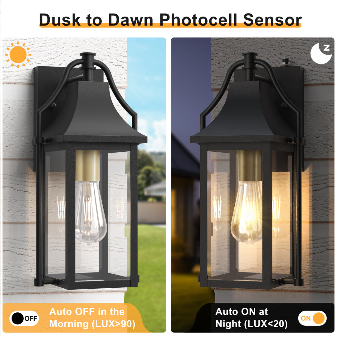 Lawyettle 25" Dusk to Dawn Outdoor Wall Light, Large Waterproof Exterior Lantern with Glass, Modern Black Wall Sconce for Porch, Patio, Front Door #7009