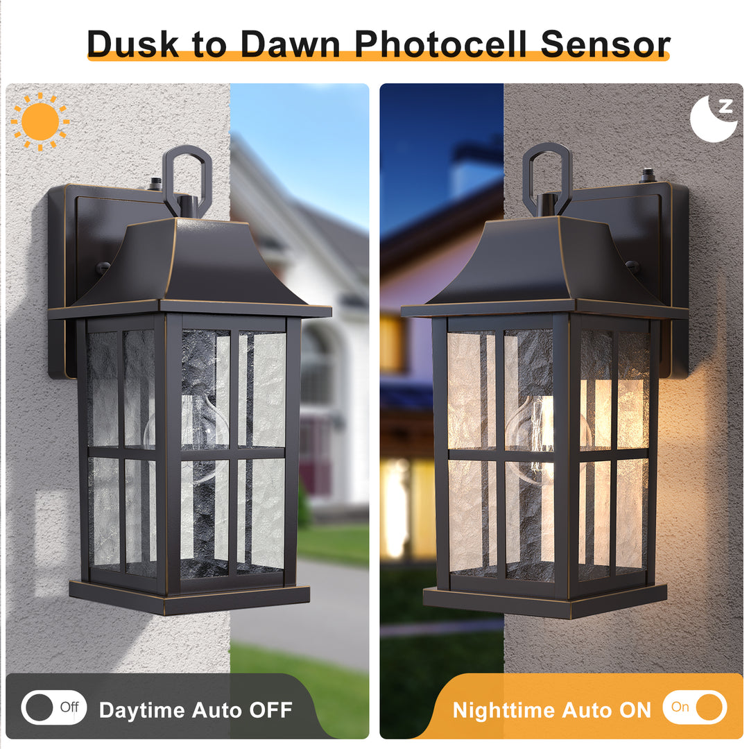 1-Light 12.5'' Lron And Hammered Glass Outdoor Wall Lantern With Dusk To Dawn #7052