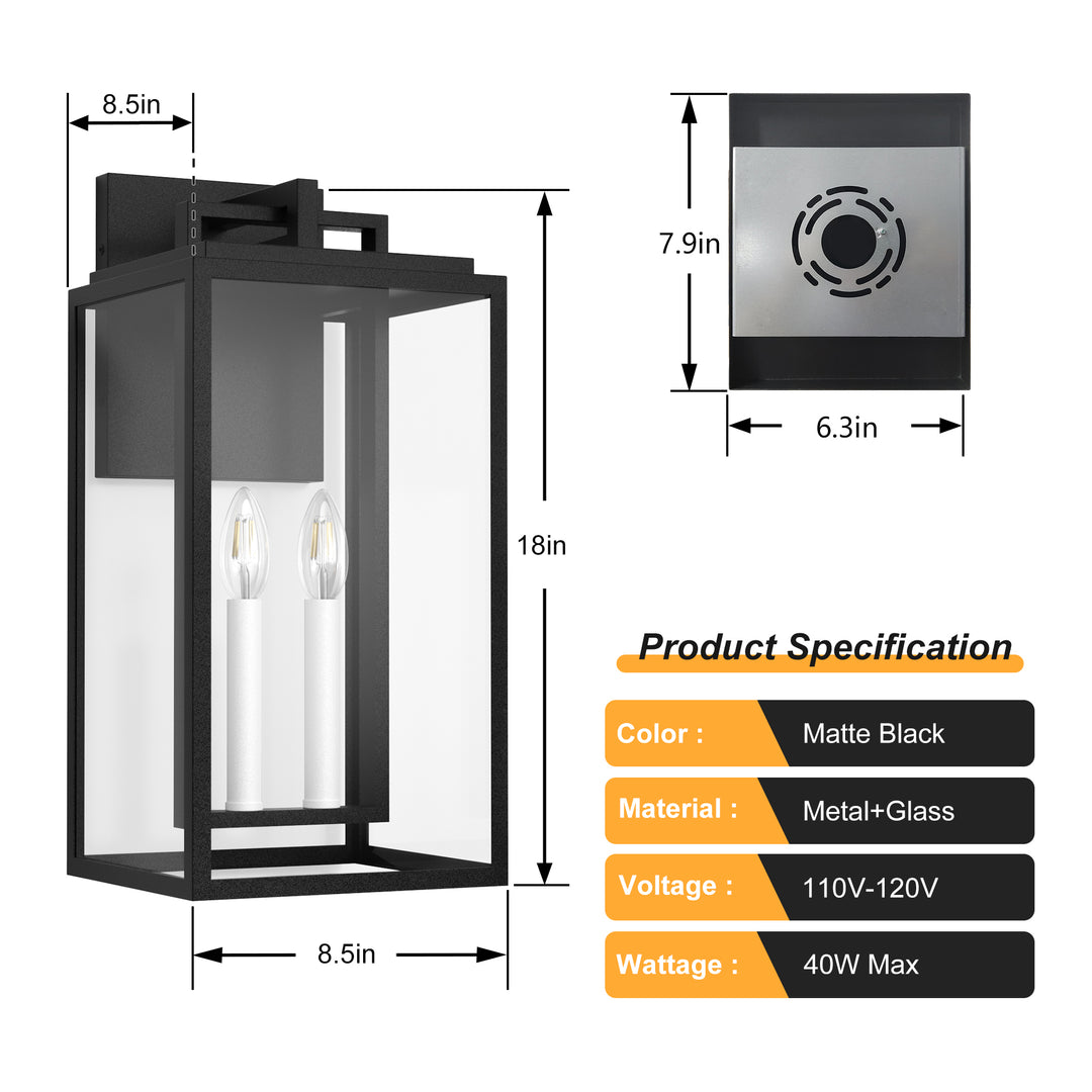 Large Outdoor Wall Lights, 18IN Modern Exterior Lighting Fixtures with White E12 Base, Wall Mount Lantern Waterproof Outside Sconce for House Porch Patio Yard Front Door #7067-2BK