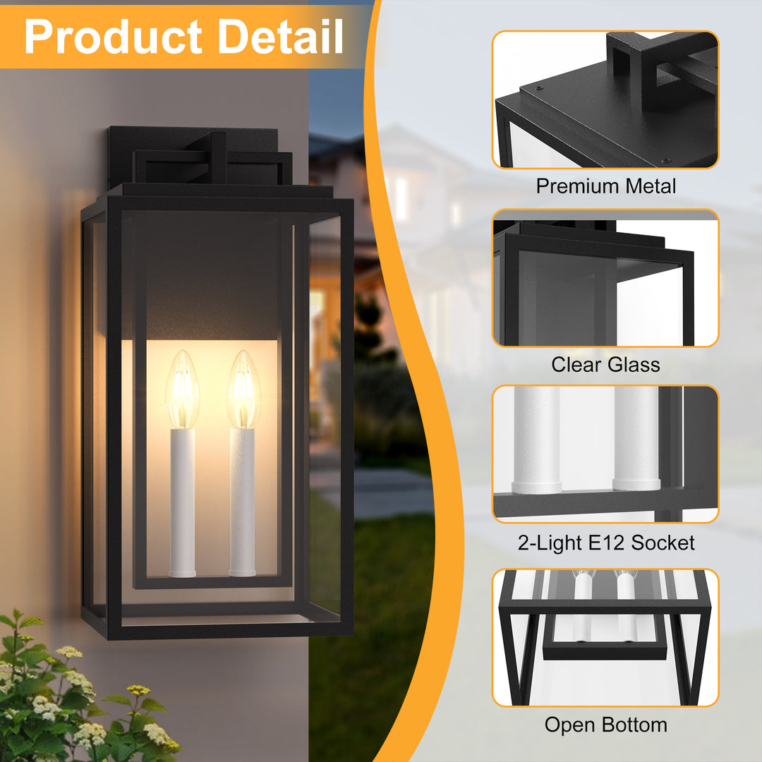 Large Outdoor Wall Lights, 18IN Modern Exterior Lighting Fixtures with White E12 Base, Wall Mount Lantern Waterproof Outside Sconce for House Porch Patio Yard Front Door #7067-2BK