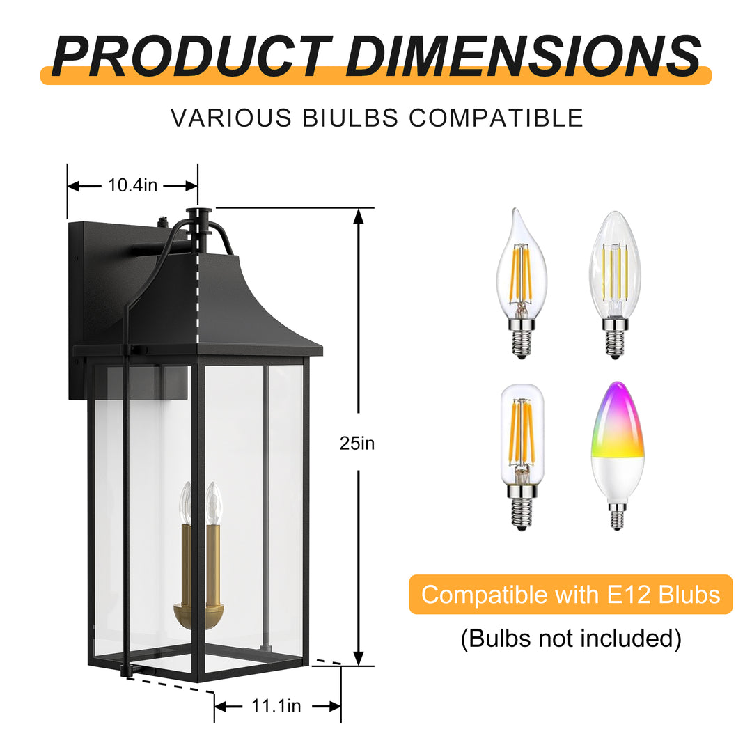 Lawyettle 25" Dusk to Dawn Outdoor Wall Light, Large Waterproof Exterior Lantern with Glass, Modern Black Wall Sconce for Porch, Patio, Front Door #7009