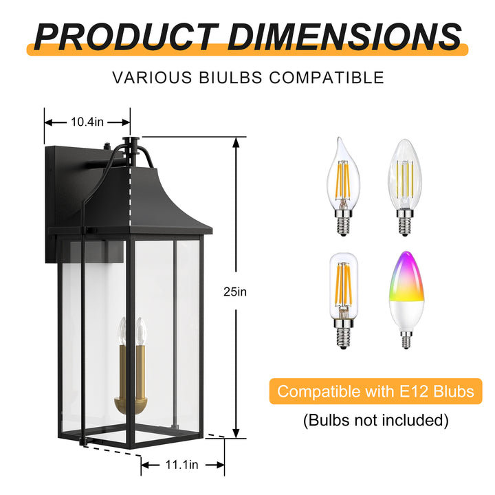 Lawyettle 25" Dusk to Dawn Outdoor Wall Light, Large Waterproof Exterior Lantern with Glass, Modern Black Wall Sconce for Porch, Patio, Front Door #7009