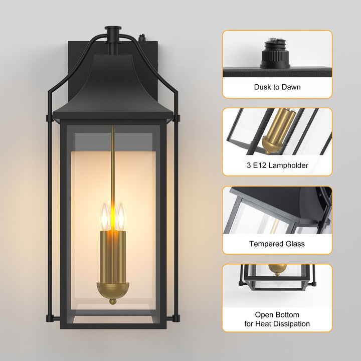 Lawyettle 25" Dusk to Dawn Outdoor Wall Light, Large Waterproof Exterior Lantern with Glass, Modern Black Wall Sconce for Porch, Patio, Front Door #7009