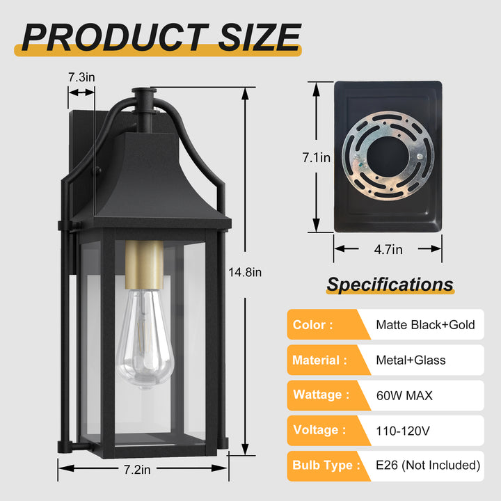 Lawyettle 25" Dusk to Dawn Outdoor Wall Light, Large Waterproof Exterior Lantern with Glass, Modern Black Wall Sconce for Porch, Patio, Front Door #7009