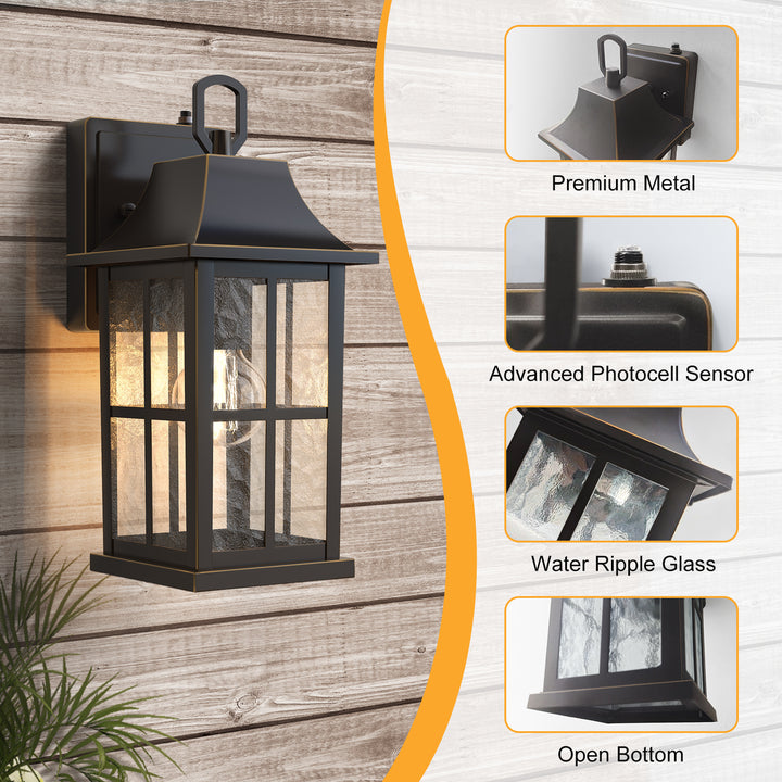 1-Light 12.5'' Lron And Hammered Glass Outdoor Wall Lantern With Dusk To Dawn #7052
