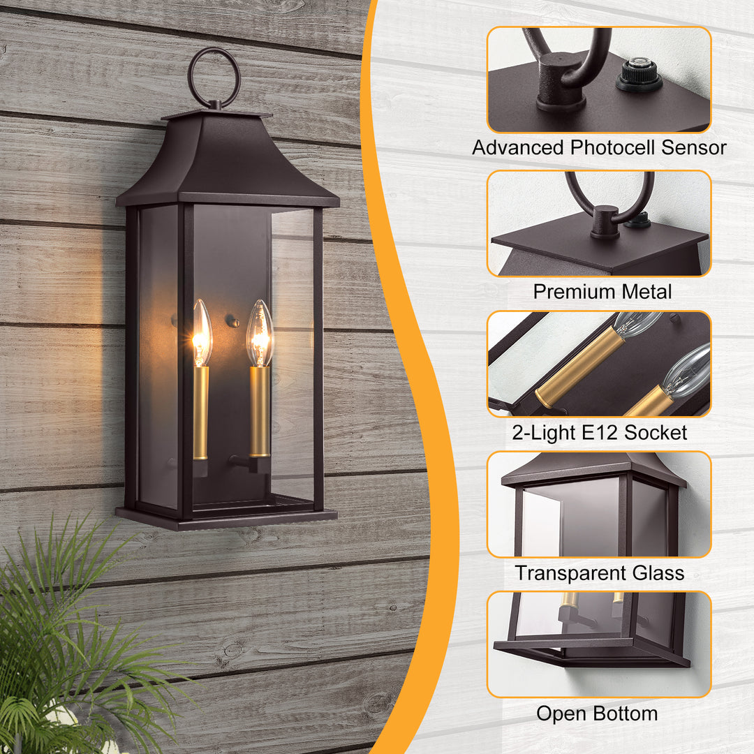 Lawyettle Bronze Smart Dusk to Dawn Outdoor Wall Light, 20.6" Large Outside Wall Sconce Light 2-Light, Modern Exterior Wall Lantern with Glass, Waterproof Outdoor Porch Light for House, Porch #MX7008