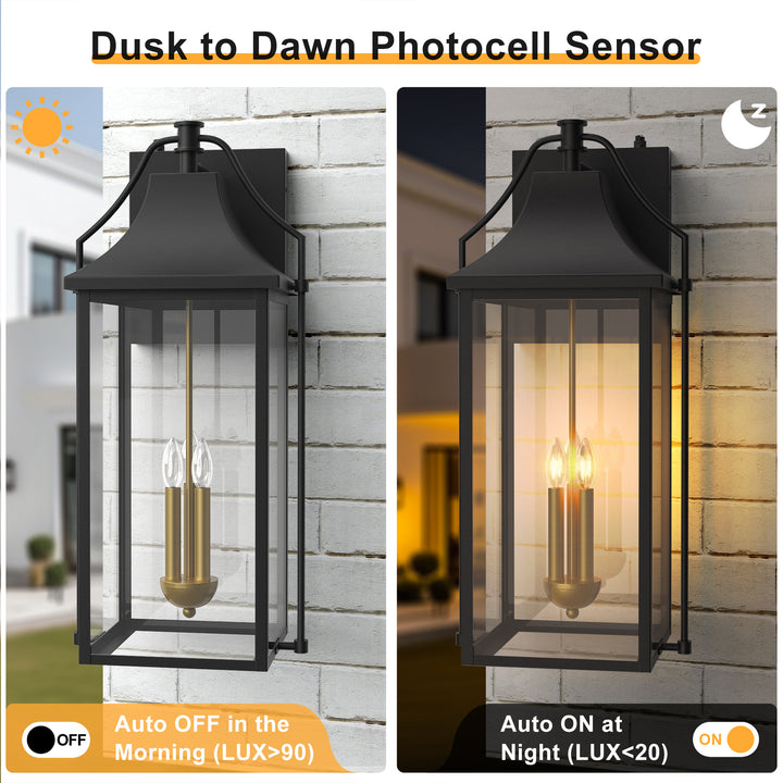 Lawyettle 25" Dusk to Dawn Outdoor Wall Light, Large Waterproof Exterior Lantern with Glass, Modern Black Wall Sconce for Porch, Patio, Front Door #7009