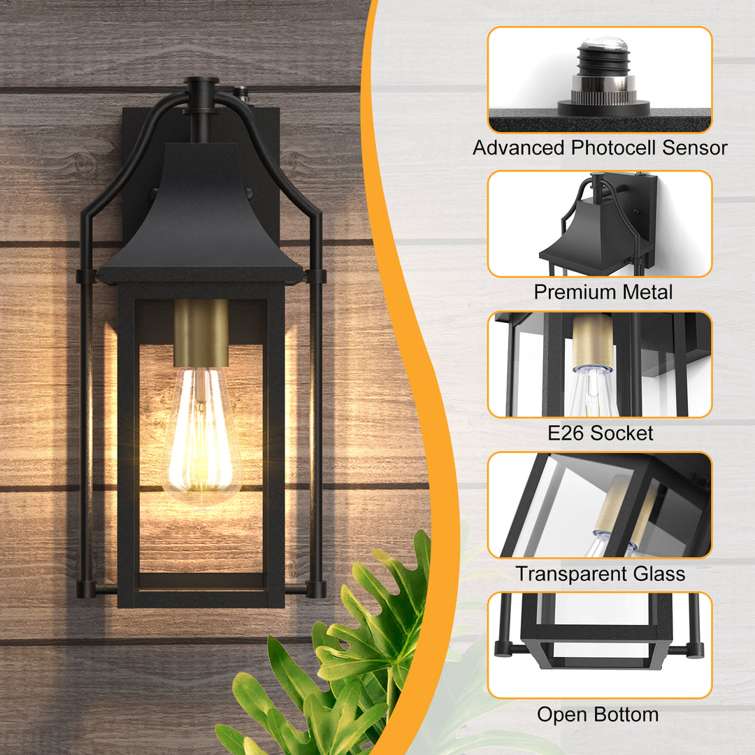 Lawyettle 25" Dusk to Dawn Outdoor Wall Light, Large Waterproof Exterior Lantern with Glass, Modern Black Wall Sconce for Porch, Patio, Front Door #7009