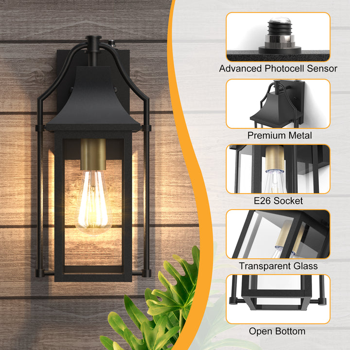 Lawyettle 25" Dusk to Dawn Outdoor Wall Light, Large Waterproof Exterior Lantern with Glass, Modern Black Wall Sconce for Porch, Patio, Front Door #7009