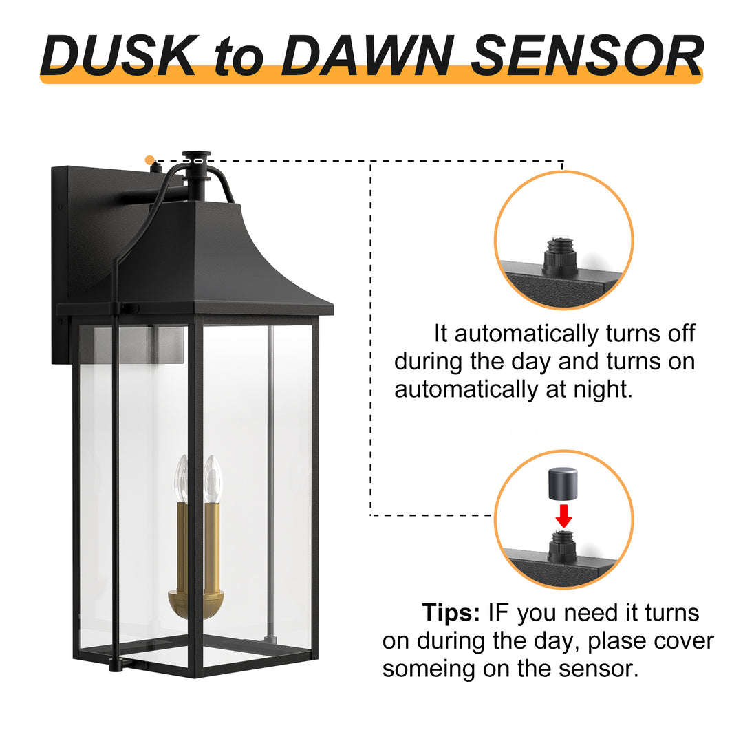 Lawyettle 25" Dusk to Dawn Outdoor Wall Light, Large Waterproof Exterior Lantern with Glass, Modern Black Wall Sconce for Porch, Patio, Front Door #7009