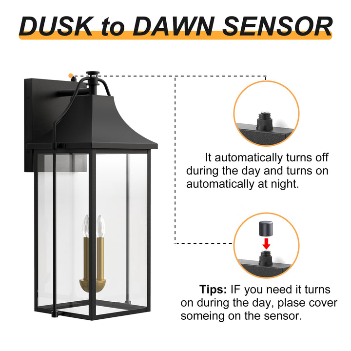 Lawyettle 25" Dusk to Dawn Outdoor Wall Light, Large Waterproof Exterior Lantern with Glass, Modern Black Wall Sconce for Porch, Patio, Front Door #7009