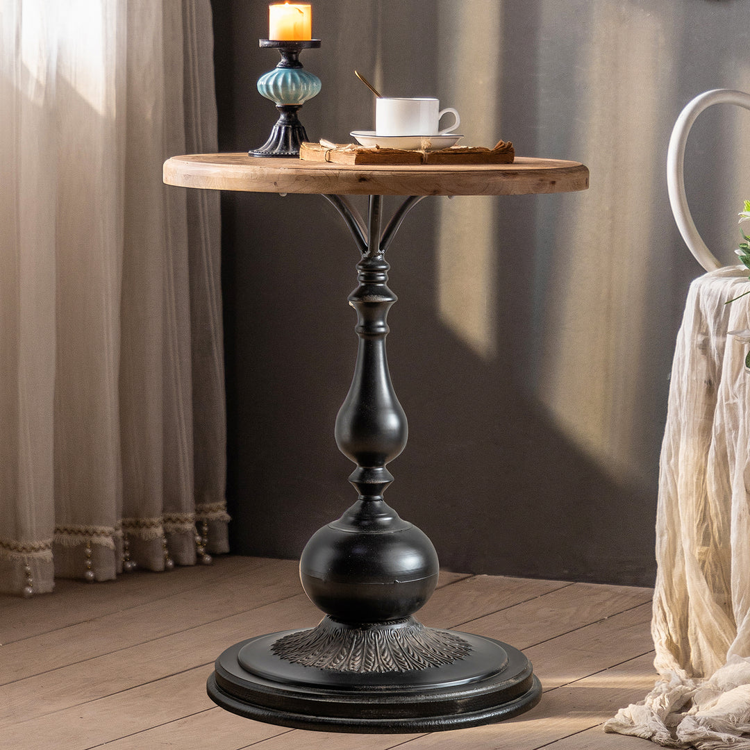YUIlili Vintage Round End Table Living Room, Rusitc Side Table, Farmhouse Pedestal Table for Bedroom, Retro Wood Accent Tables for Home Decor, Patio Black #25002