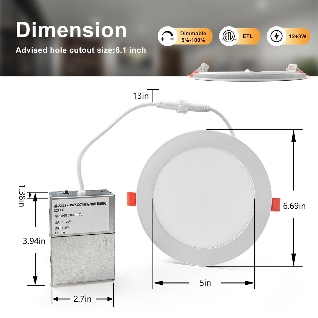 Maxax 6-Pack 6-Inch LED Recessed Ceiling Light with Night Light, Dimmable, Ultra-Thin Design, 2700K-5000K 5CCT, 840-1080LM 12W=120W, High Brightness Canless Wafer Downlight #MX6-12+3RD5CCT-6PK