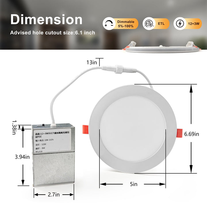 Maxax 6-Pack 6-Inch LED Recessed Ceiling Light with Night Light, Dimmable, Ultra-Thin Design, 2700K-5000K 5CCT, 840-1080LM 12W=120W, High Brightness Canless Wafer Downlight #MX6-12+3RD5CCT-6PK