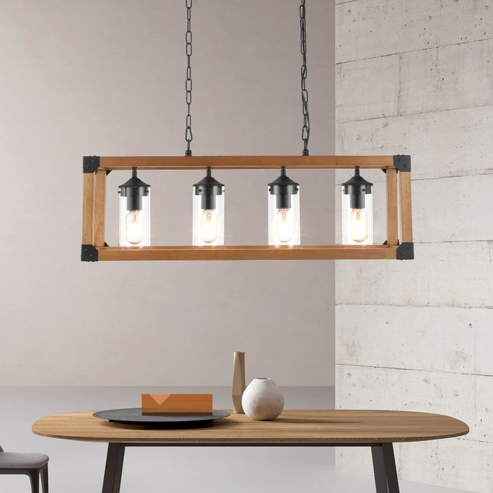 Maxax 4-light Wood Pendant Kitchen Island Rectangle Chandelier #MX19045