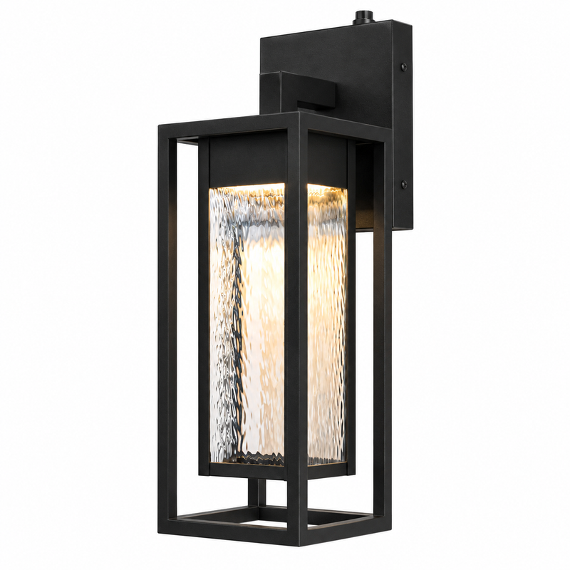 Natura 1 - Light 15''H Dimmable Led Black Iron And Water Ripple Glass Outdoor Wall Light With Dusk To Dawn #7061