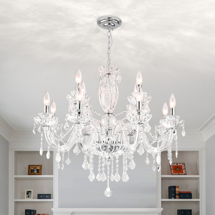 12-light Electroplated Chrome Crystal And Glass Classic/traditional Chandelier For Living Room/bedroom #MX17020-12-P