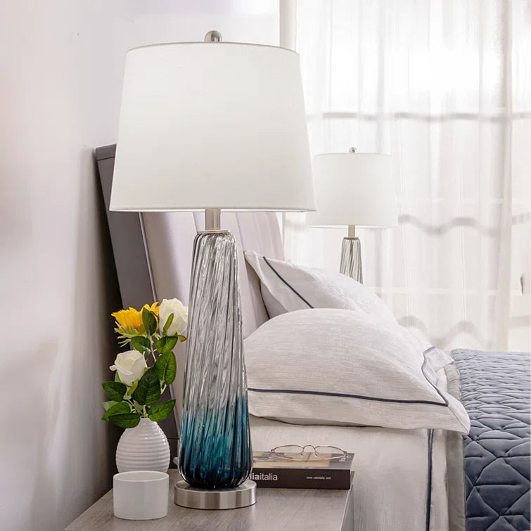Maxax 28.75 Gradient Blue Glass Bedside Table Lamps with White Fabric Shade Set of 2 #T18