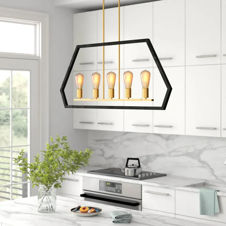 Maxax 5 - Light Kitchen Island Linear Black & Gold Pandent Wrought Iron #MX21005