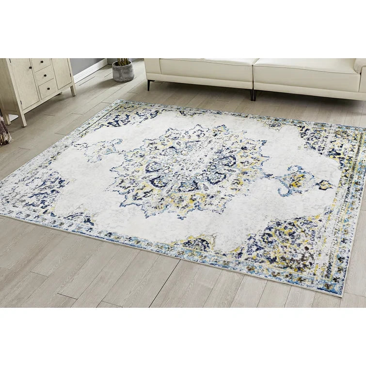YUIlili Yullili 4"x6" Area Rug for Living Room Vintage Oriental Washable Low Pile Non-Slip Rugs, Soft Decorative Room Boho Carpet Hallway Rug for Bedside, Playroom, Indoor Decor, Yellow/Blue #AZJL2