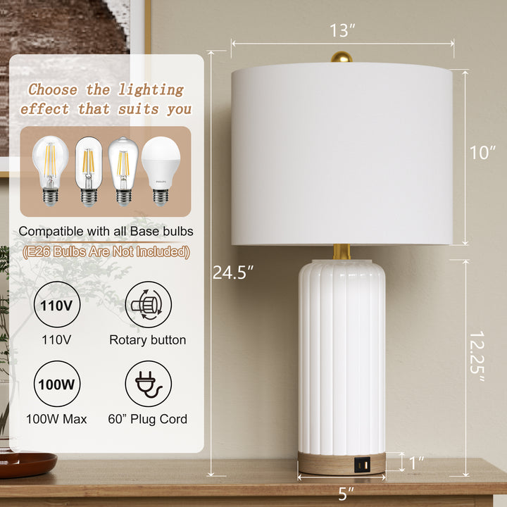 24.5'' Dimmable Modern White Ceramic Table Lamp With Usb Ports For Living Room/Bedroom (Set of 2) #T236