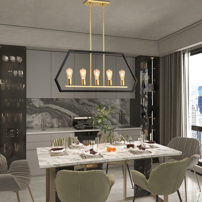 Maxax 5 - Light Kitchen Island Linear Black & Gold Pandent Wrought Iron #MX21005