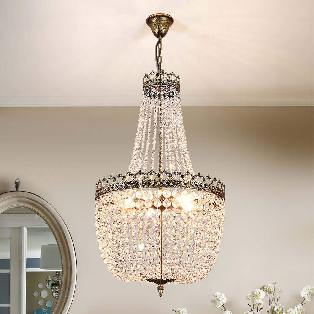 Chandeliers enhance living and bedroom spaces with sophistication, ranging from classic to contemporary designs.