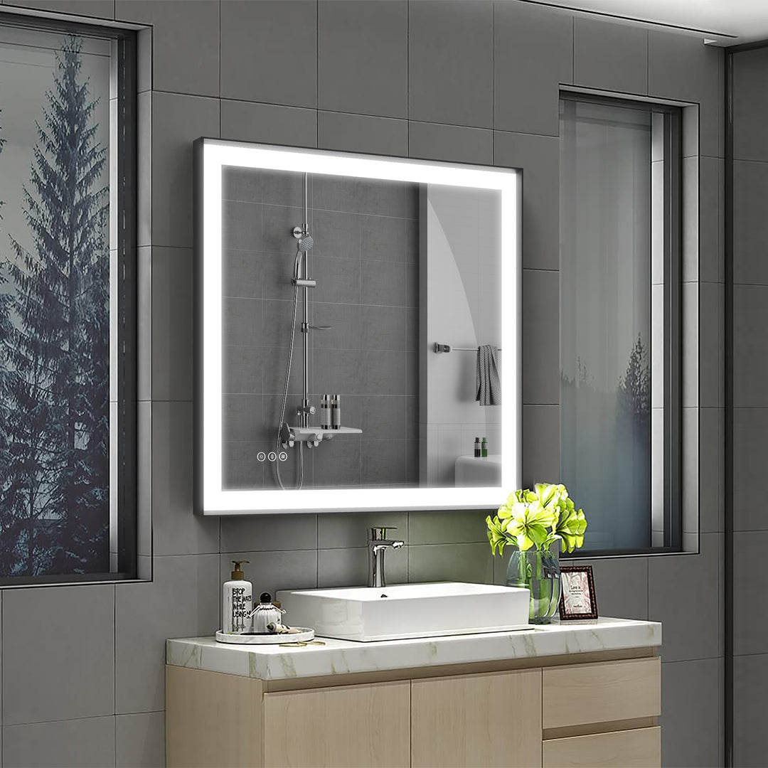 Modern Space Aluminum Framed Led Lighted Dimmable Anti-Fog Tempered Glass Bathroom #MS02