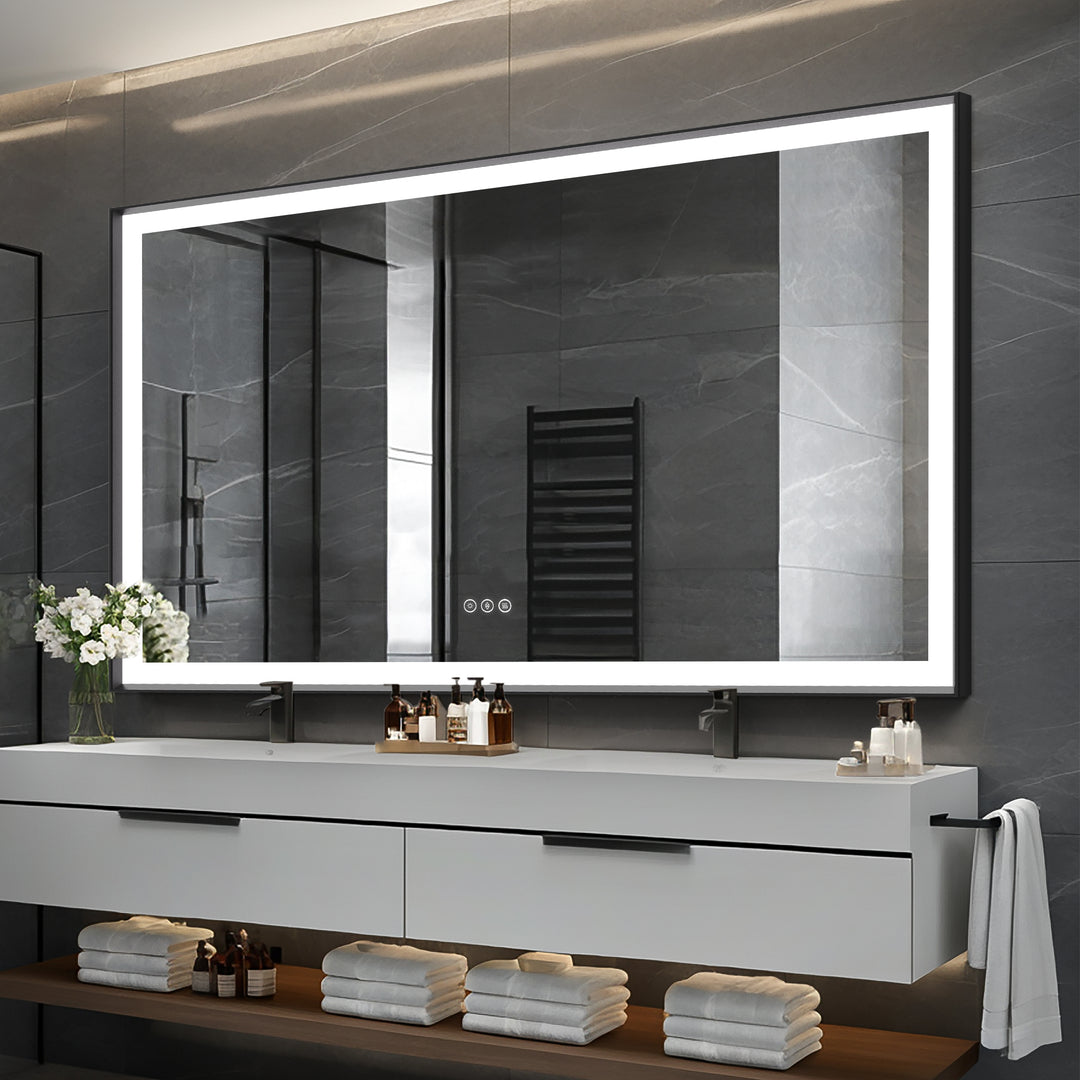 Modern Space Aluminum Framed Led Lighted Dimmable Anti-Fog Tempered Glass Bathroom #MS02