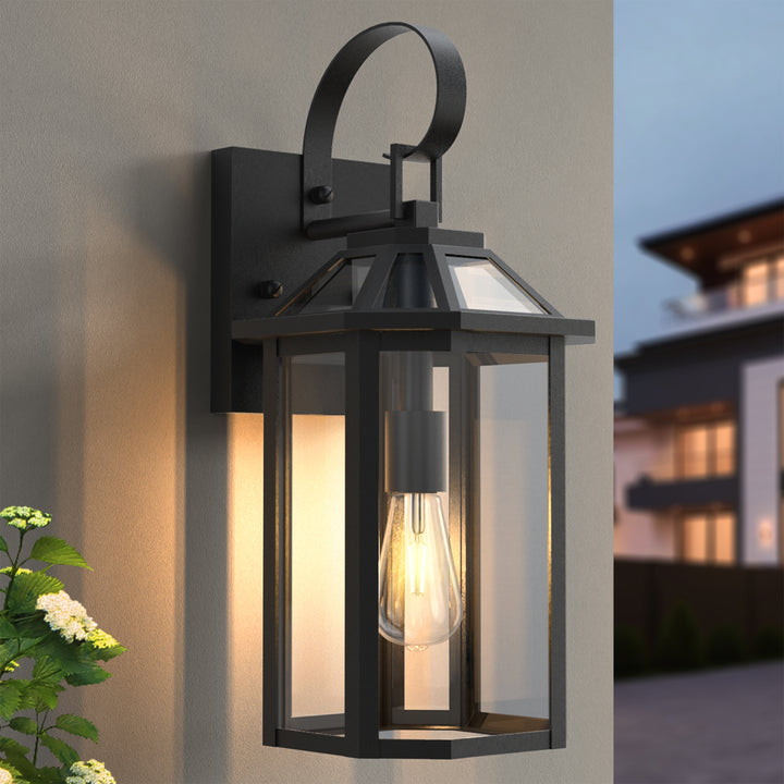 Solstice 1-Light 𝟮𝟬-𝗜𝗡𝗖𝗛 Black Iron Outdoor Wall Lantern With Tempered Glass #7068