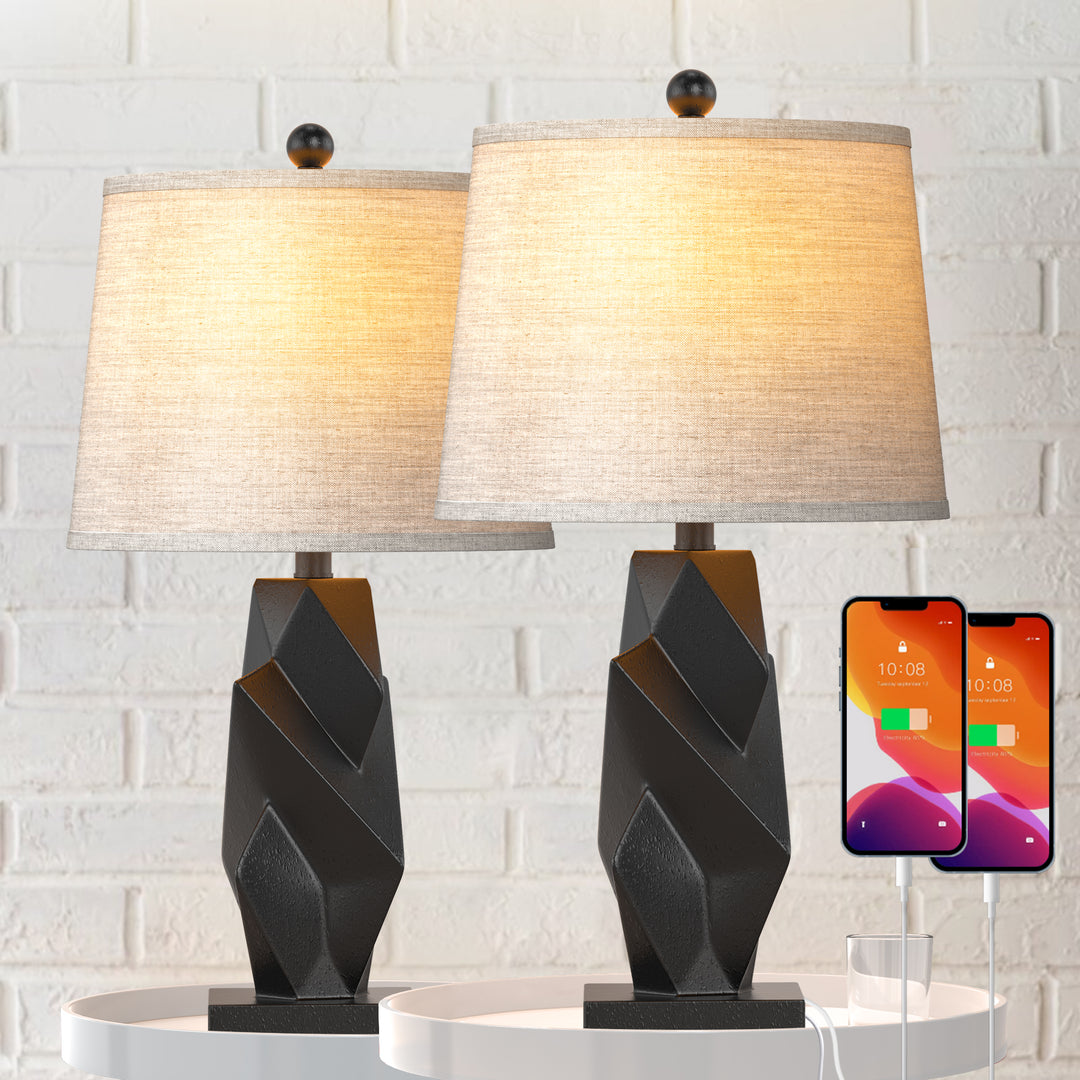 24.5'' Black Resin Modern Glam Table Lamp Set With Usb (Set of 2)