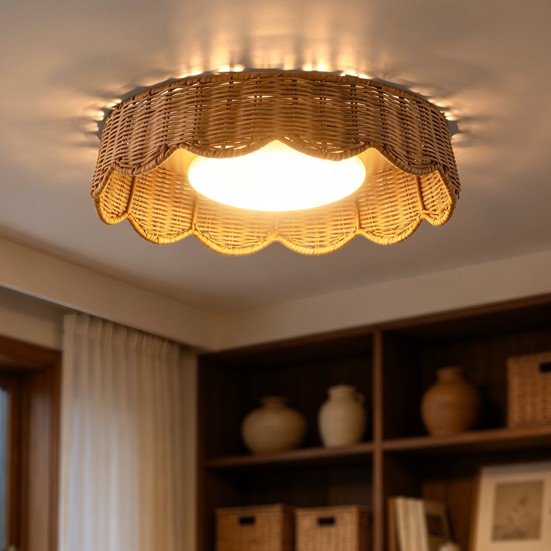 16" Boho Rattan LED Flush Mount Ceiling Light, Dimmable Polished Brass #48011