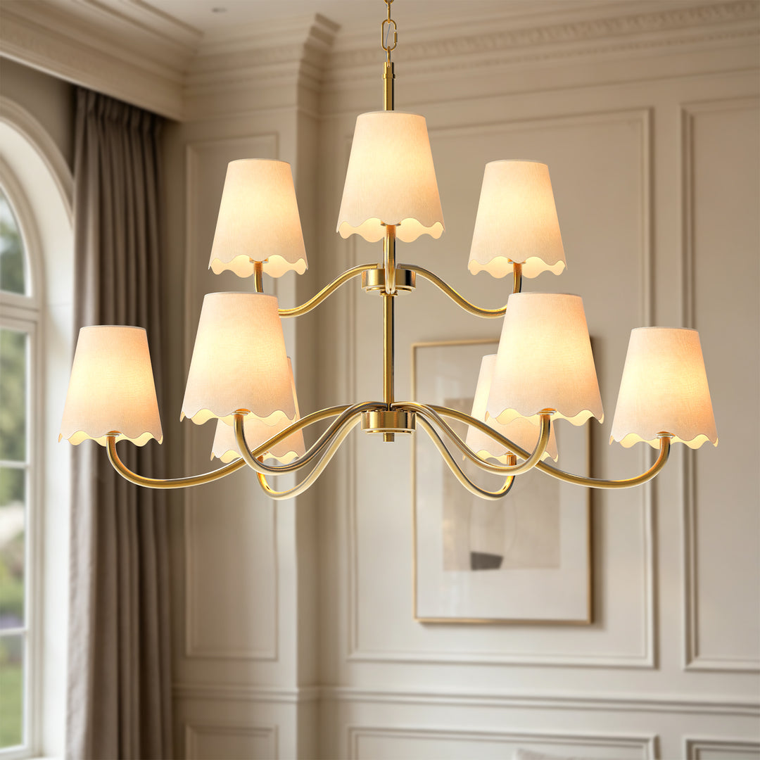Twilight 38" 9-Light Polished Brass Spider Chandelier with Linen Shades for Dining Room & Living Room #39018