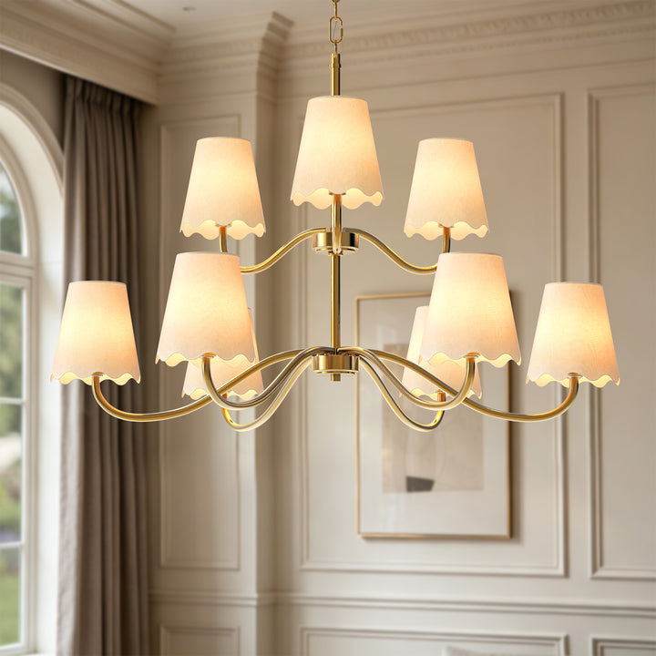 Twilight 38" 9-Light Polished Brass Spider Chandelier with Linen Shades for Dining Room & Living Room #39018