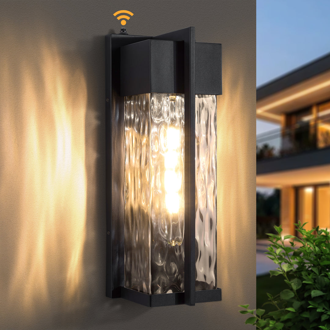 Solstice 1 - Light(Bulb Include) 𝟭𝟴-𝗜𝗡𝗖𝗛 Matte Black Iron and Water Ripple Glass Outdoor Wall Light with Dusk to Dawn #7062