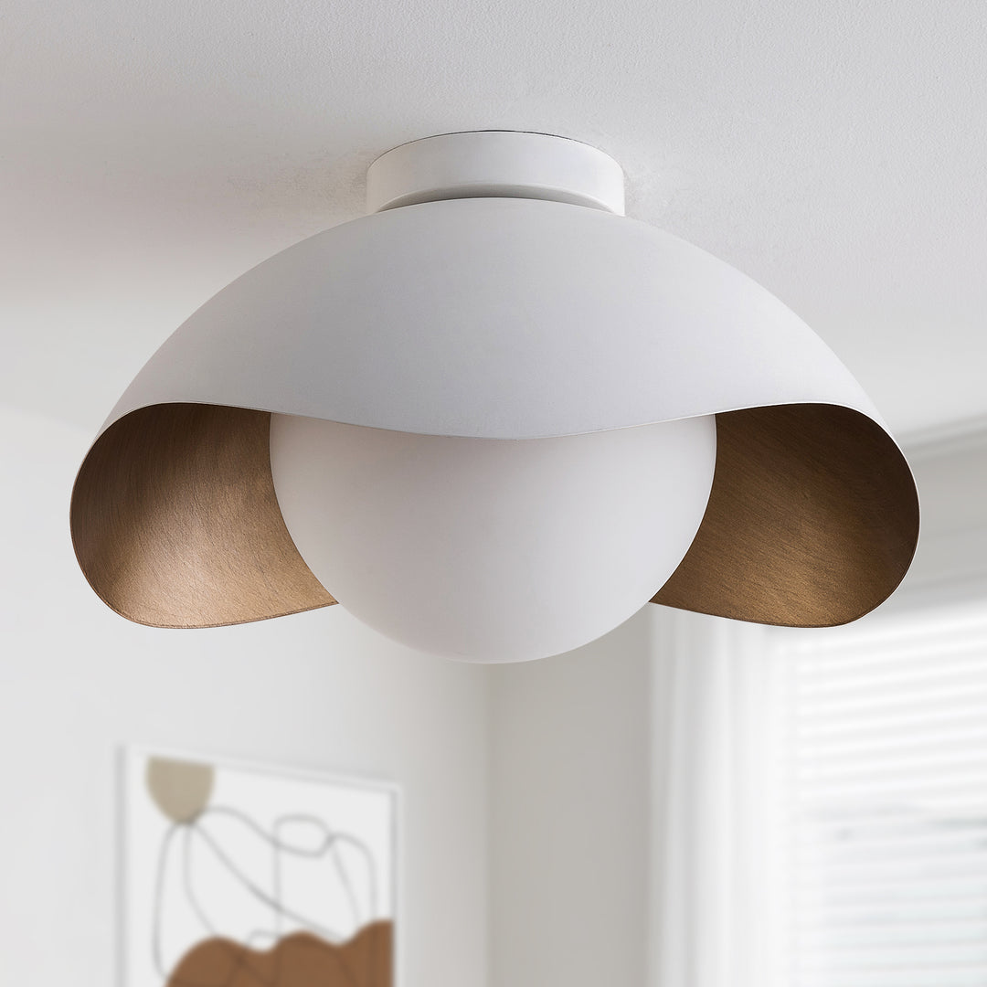 Nimbus 15.5" 1-Light Modern Globe Flush Mount Ceiling Light With Opal Glass, Matte Black/White Exterior & Gold Interior Shell-Style Dimmable Shade For Bedroom Or Hallway #29029