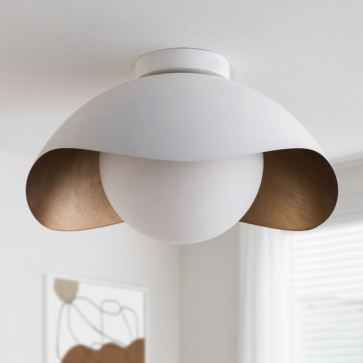 Nimbus 15.5" 1-Light Modern Globe Flush Mount Ceiling Light With Opal Glass, Matte Black/White Exterior & Gold Interior Shell-Style Dimmable Shade For Bedroom Or Hallway #29029