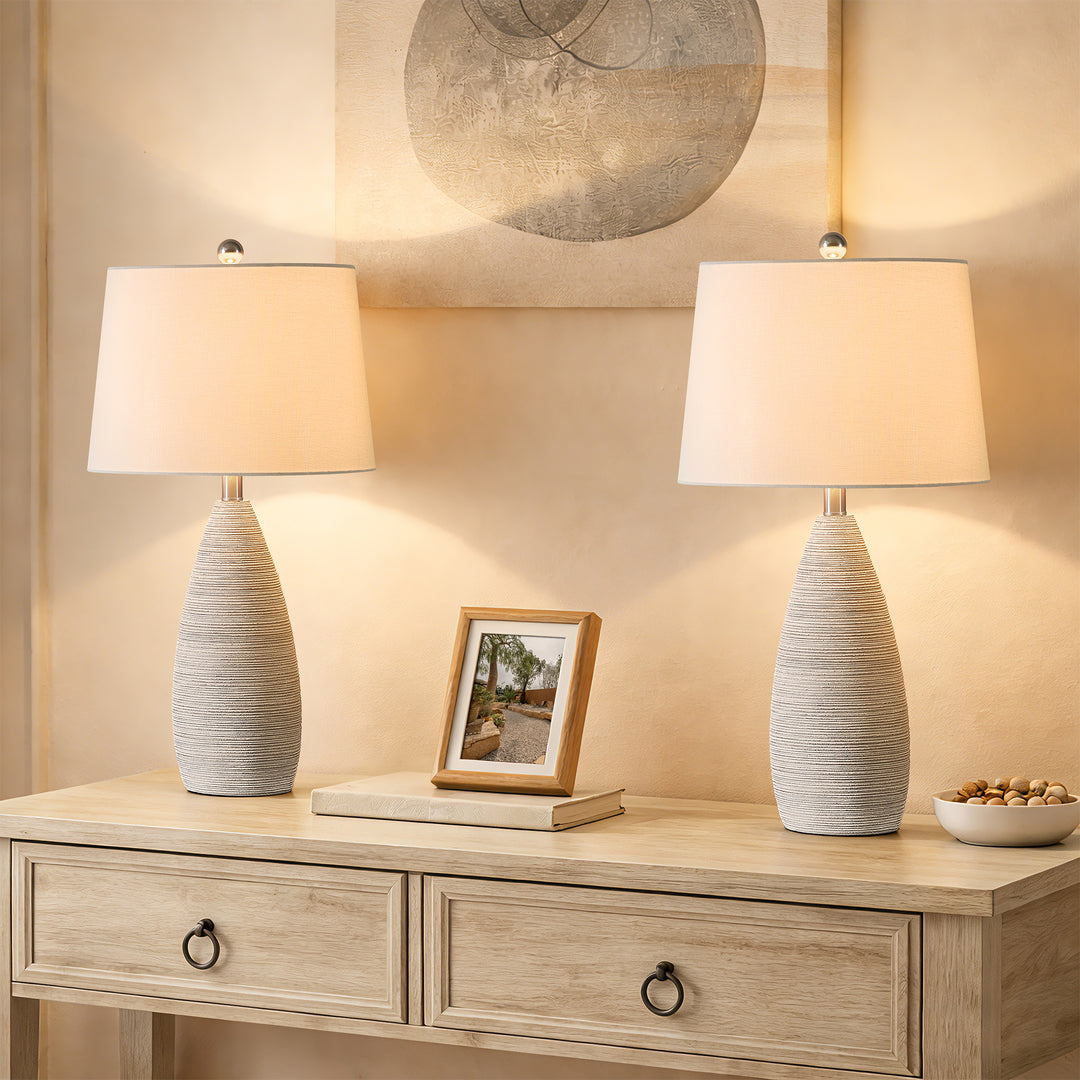 Shimmer 26.5" Farmhouse Traditional Resin Table Lamp, Assembled Linen Shade And Rotary Switch Bedside Lamps For Bedroom And Living Room (Set of 2) #T276