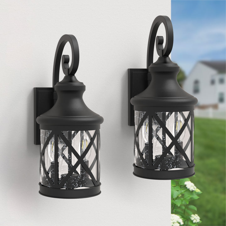 2 - Light 17''H Black Iron and Aluminum Seeded Glass Etl Outdoor Wall Lantern with Dusk to Dawn #7017