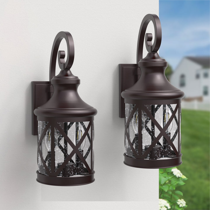 2 - Light 17''H Black Iron and Aluminum Seeded Glass Etl Outdoor Wall Lantern with Dusk to Dawn #7017