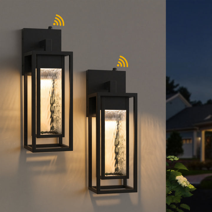 Natura 1 - Light 15''H Dimmable Led Black Iron And Water Ripple Glass Outdoor Wall Light With Dusk To Dawn #7061