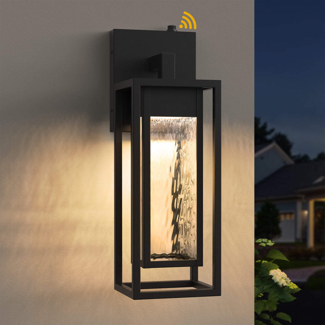 1 - Light 15''H Dimmable Led Black Iron And Water Ripple Glass Outdoor Wall Light With Dusk To Dawn #7061