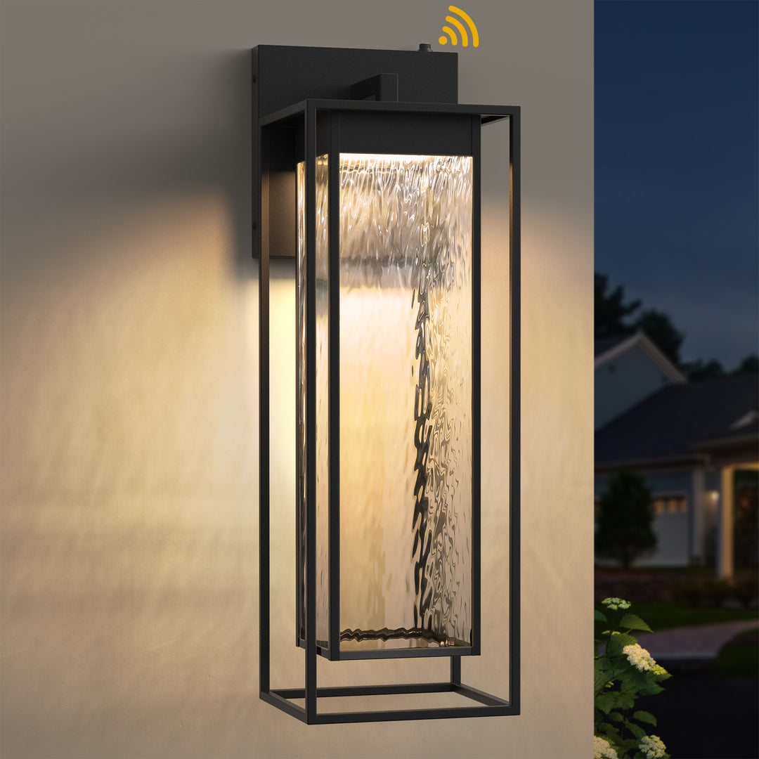1 - Light 15''H Dimmable Led Black Iron And Water Ripple Glass Outdoor Wall Light With Dusk To Dawn #7061