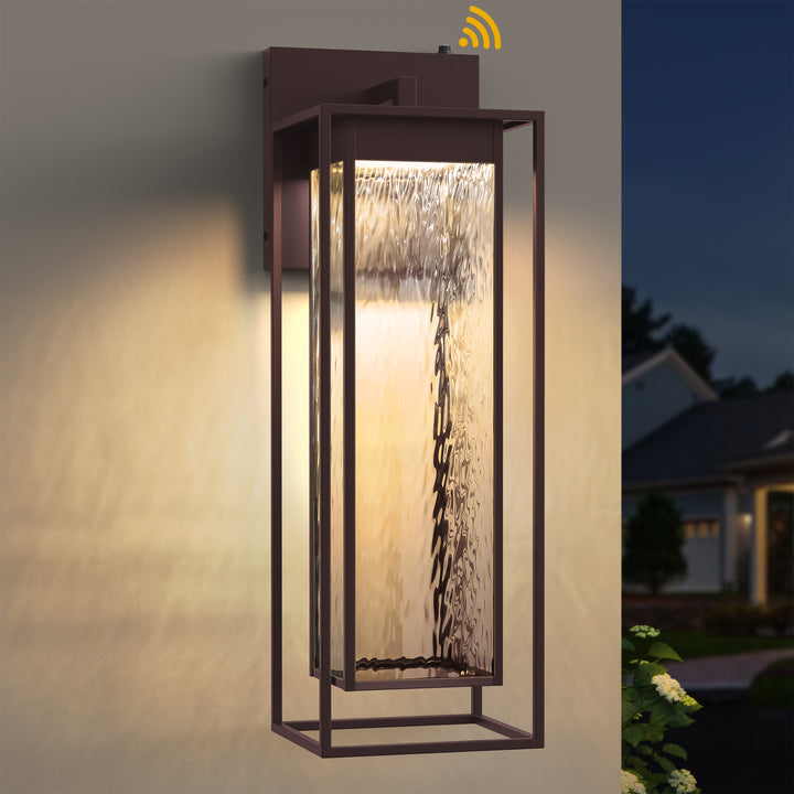 Natura 1 - Light 15''H Dimmable Led Black Iron And Water Ripple Glass Outdoor Wall Light With Dusk To Dawn #7061