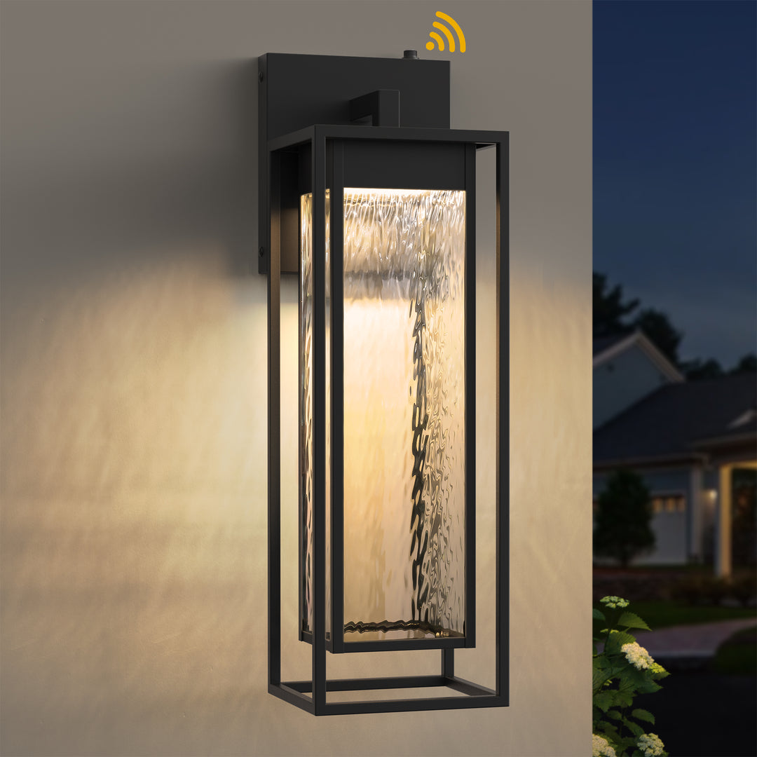 1 - Light 15''H Dimmable Led Black Iron And Water Ripple Glass Outdoor Wall Light With Dusk To Dawn #7061