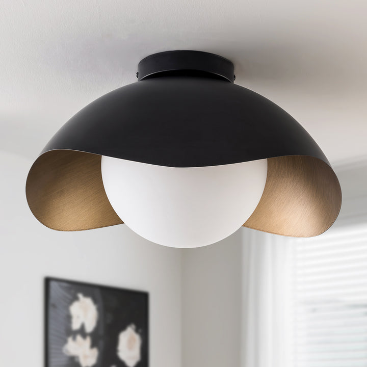 Nimbus 15.5" 1-Light Modern Globe Flush Mount Ceiling Light With Opal Glass, Matte Black/White Exterior & Gold Interior Shell-Style Dimmable Shade For Bedroom Or Hallway #29029