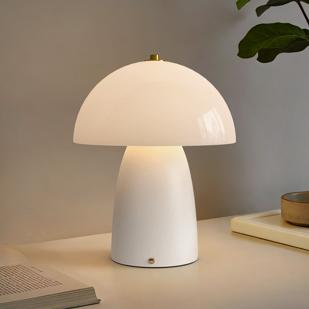 Pulsar 11" Modern Rechargeable Touch Control Desk Lamp, Portable Wireless Ceramic Led Lamp With Milky White Glass Shade, Three-Level Dimming, Suitable For Bedrooms, Living Rooms, Terraces And Outdoors #T281