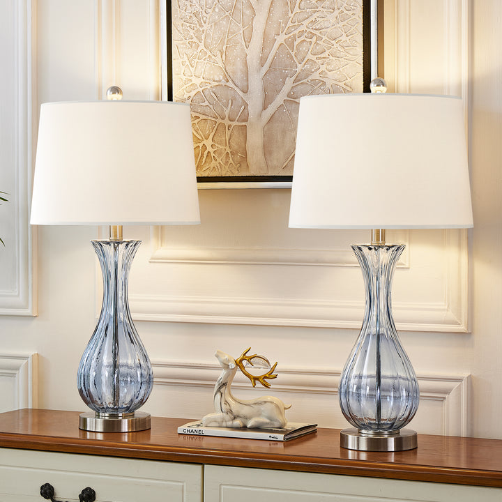 Maxax Coastal Glass Table Lamps Set of 2，Modern 25.5" Clear Glass Bedside Lamps with White Shade for Bedroom Living Room #T78