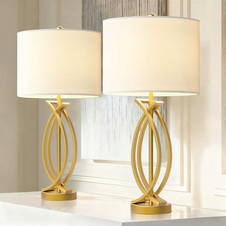 Maxax 26" Creative Black Metal Table Lamp Set of 2 with White Fabric Drum Shade #T81