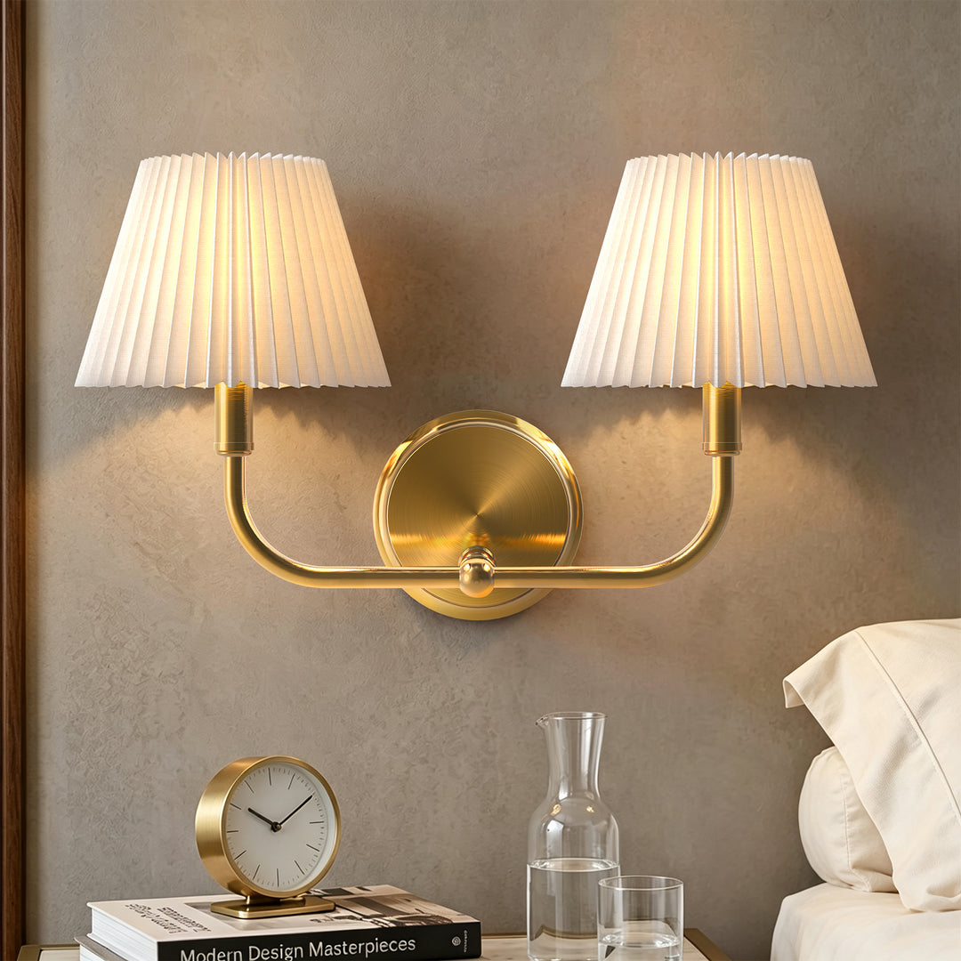 Glow Brass Armed Sconce With White Linen Shade #39006